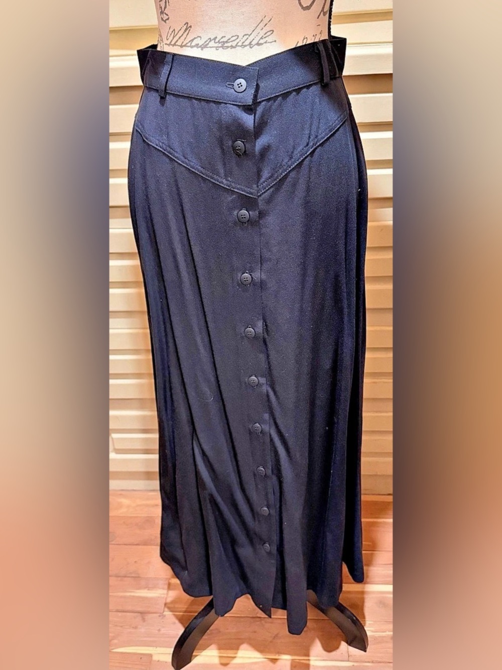VTG 80s Neiman Marcus Black Wool Rayon Western Button Front Maxi Skirt 10